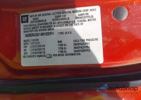 2004 Hummer H2 from USA, damaged, VIN 5GRGN23U14H103864